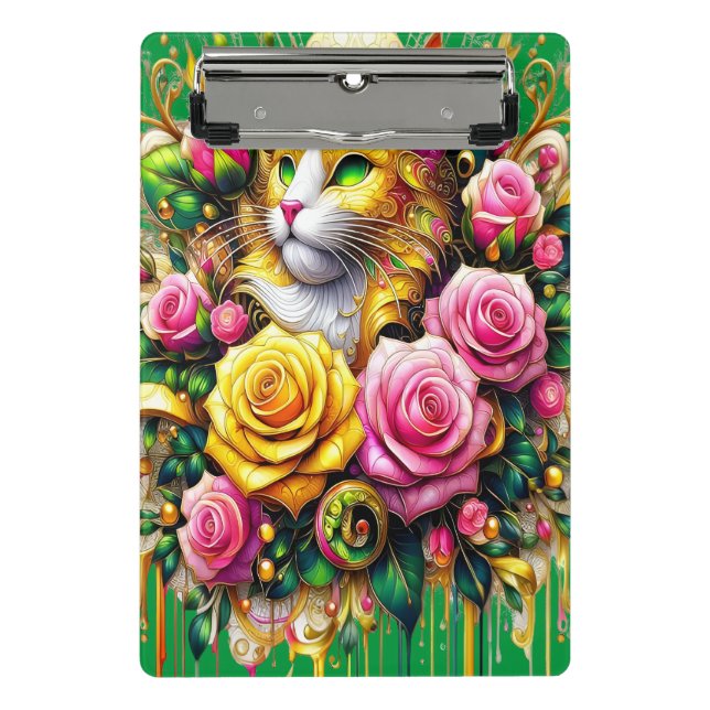 Feline Amidst a Vibrant Floral Bloom Mini Clipboard (Front)