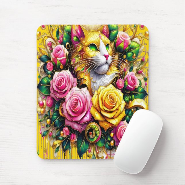 Feline Amidst a Vibrant Floral Bloom Mouse Mat (With Mouse)
