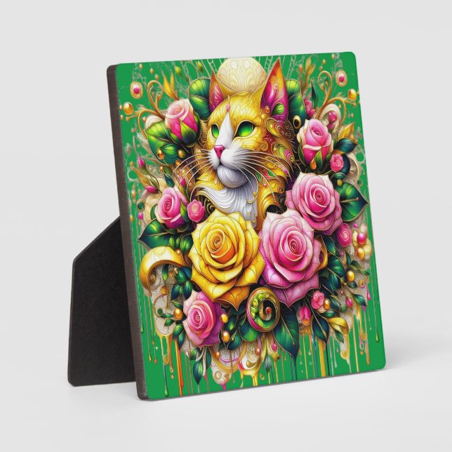 Feline Amidst a Vibrant Floral Bloom Plaque (Front)