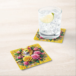 Feline Amidst a Vibrant Floral Bloom Square Paper Coaster