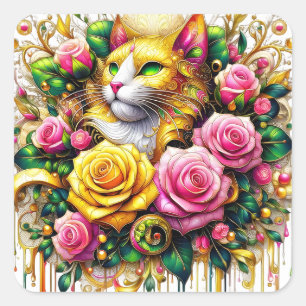 Feline Amidst a Vibrant Floral Bloom Square Sticker