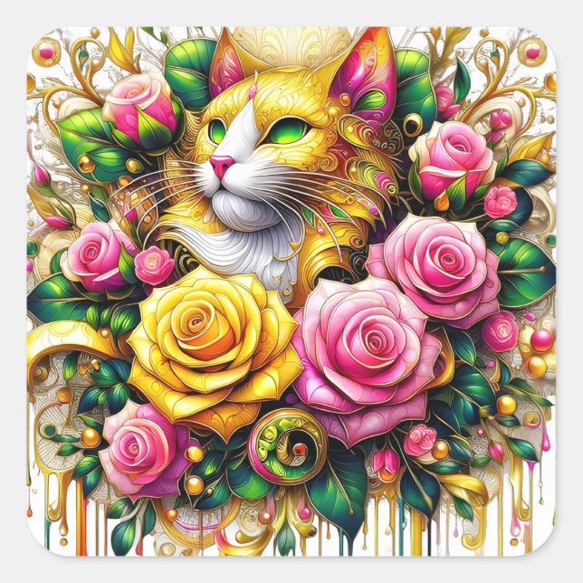 Feline Amidst a Vibrant Floral Bloom Square Sticker (Front)