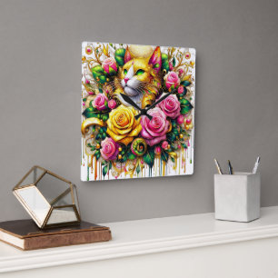 Feline Amidst a Vibrant Floral Bloom Square Wall Clock