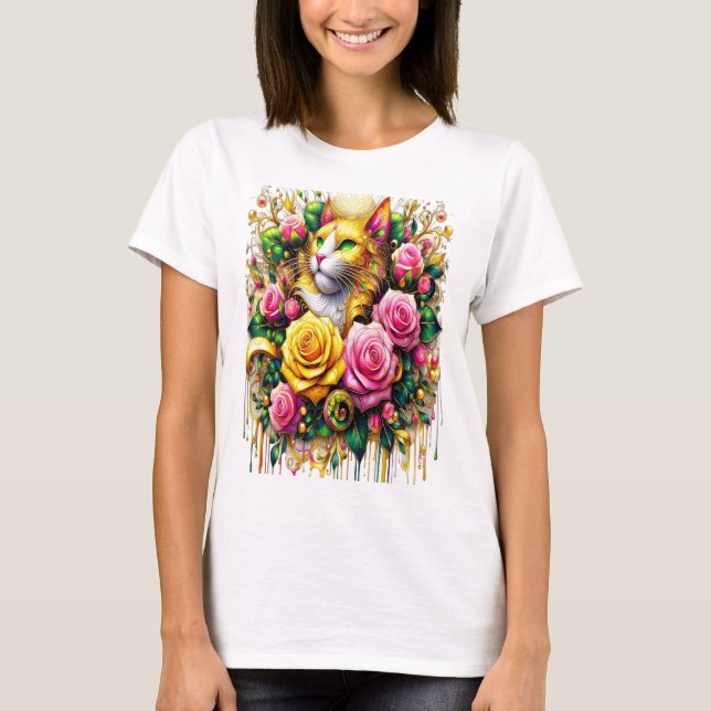 Feline Amidst a Vibrant Floral Bloom T-Shirt (Front)