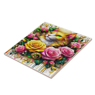 Feline Amidst a Vibrant Floral Bloom Tile