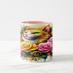 Feline Amidst a Vibrant Floral Bloom Two-Tone Coffee Mug