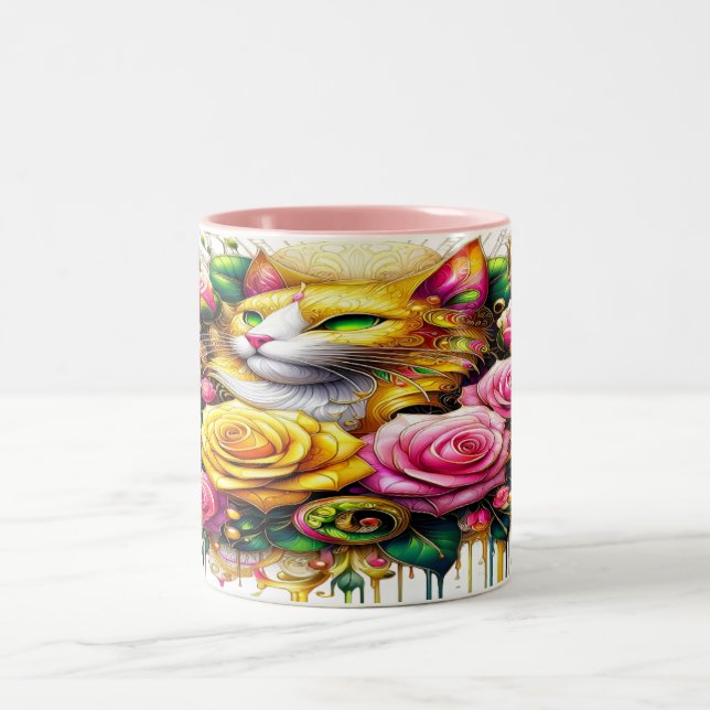 Feline Amidst a Vibrant Floral Bloom Two-Tone Coffee Mug (Center)