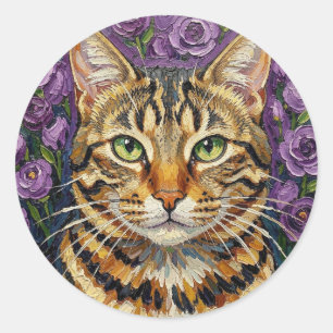 Feline and Floral Cute Artistic Grey Tabby Cat Classic Round Sticker