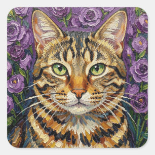 Feline and Floral   Cute Artistic Grey Tabby Cat Square Sticker