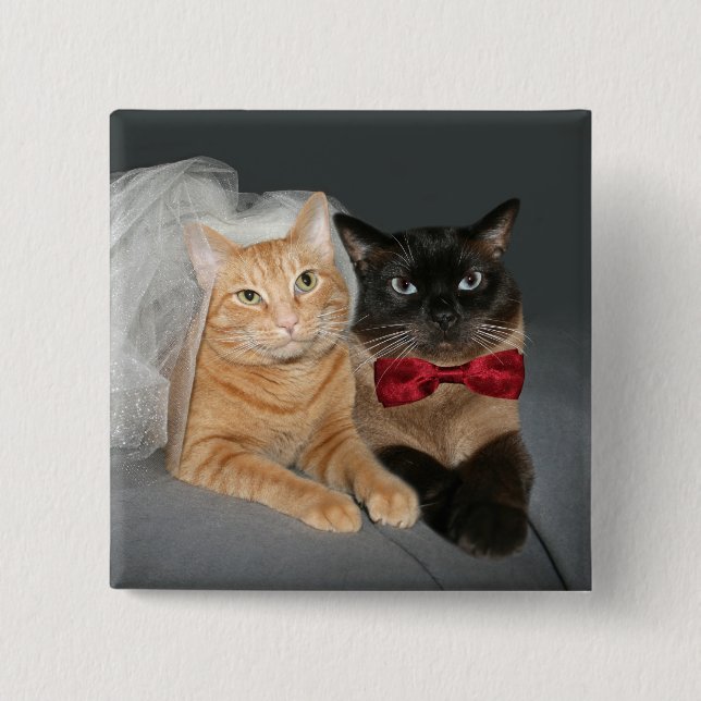 Feline bride and groom 15 cm square badge (Front)