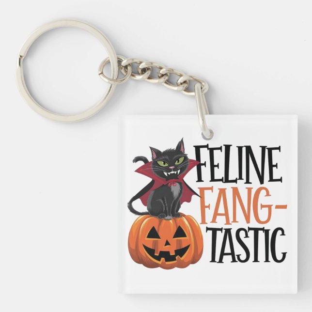 Feline Fang-tastic Halloween Vampire Cat Design Key Ring (Front)
