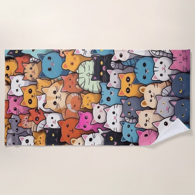 Feline Fantasy: Cute Anime Cats Galore Beach Towel (Front)