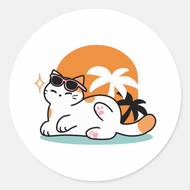 Feline Fine in the Sunshine – Relaxed Tropical Cat Classic Round Sticker (Front)