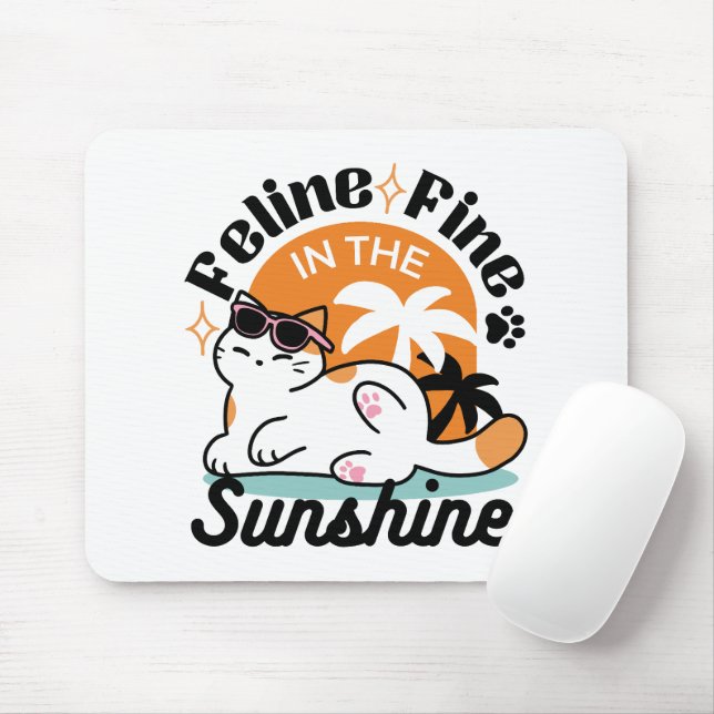 Feline Fine in the Sunshine – Relaxed Tropical Cat Mouse Mat (With Mouse)