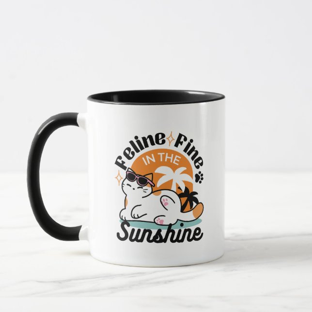 Feline Fine in the Sunshine – Relaxed Tropical Cat Mug (Left)