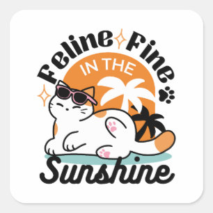 Feline Fine in the Sunshine – Relaxed Tropical Cat Square Sticker