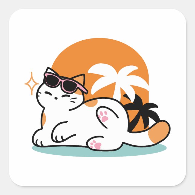 Feline Fine in the Sunshine – Relaxed Tropical Cat Square Sticker (Front)