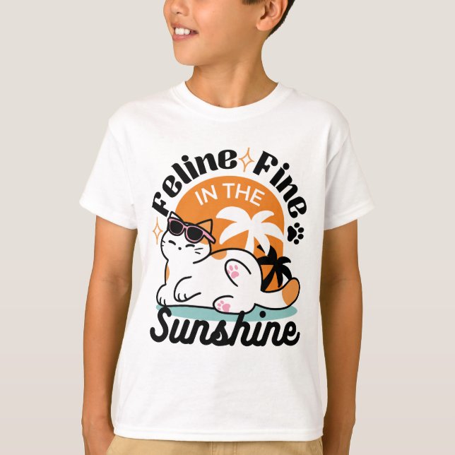 Feline Fine in the Sunshine – Relaxed Tropical Cat T-Shirt (Front)