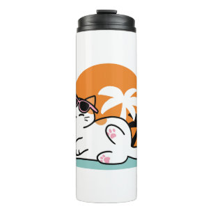 Feline Fine in the Sunshine – Relaxed Tropical Cat Thermal Tumbler