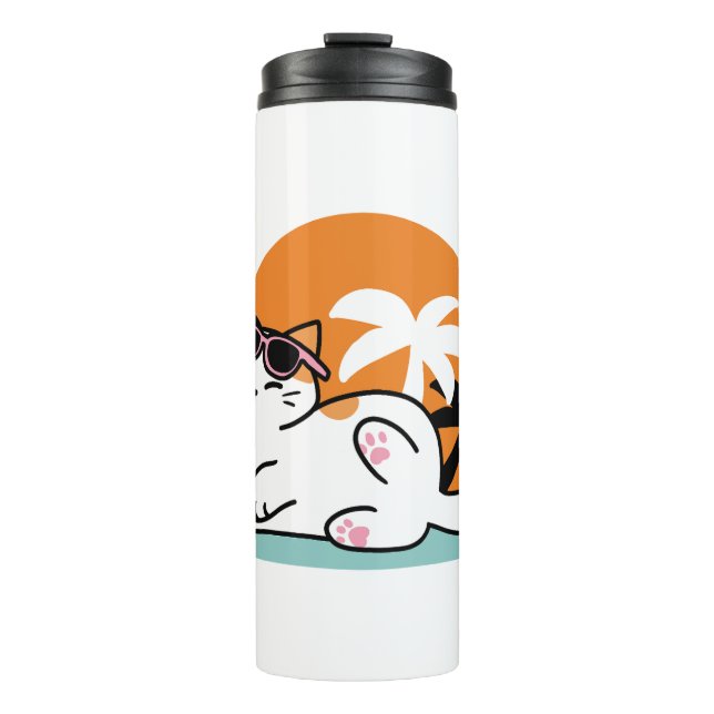 Feline Fine in the Sunshine – Relaxed Tropical Cat Thermal Tumbler (Front)