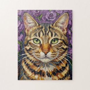 Feline & Floral   Cute Artistic Cat  Jigsaw Puzzle