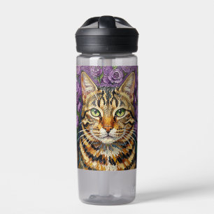 Feline & Floral   Cute Artistic Cat Personalised  Water Bottle