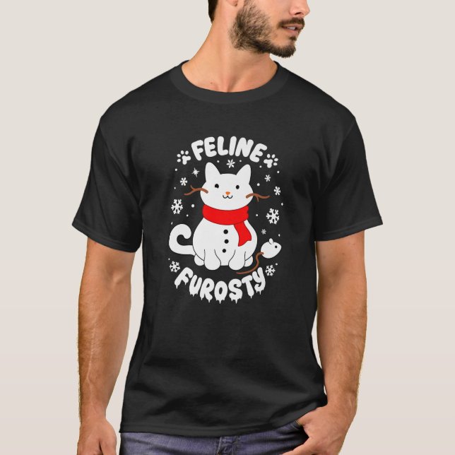 Feline Frosty Funny Cute Cat Snowman Christmas Hol T-Shirt (Front)