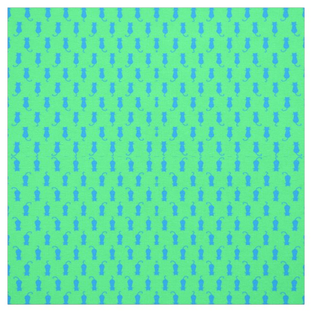 Feline Fun Forever Whimsical Blue Cats Lime Green Fabric (Swatch)