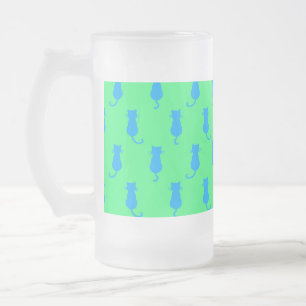 Feline Fun Forever Whimsical Blue Cats Lime Green Frosted Glass Beer Mug