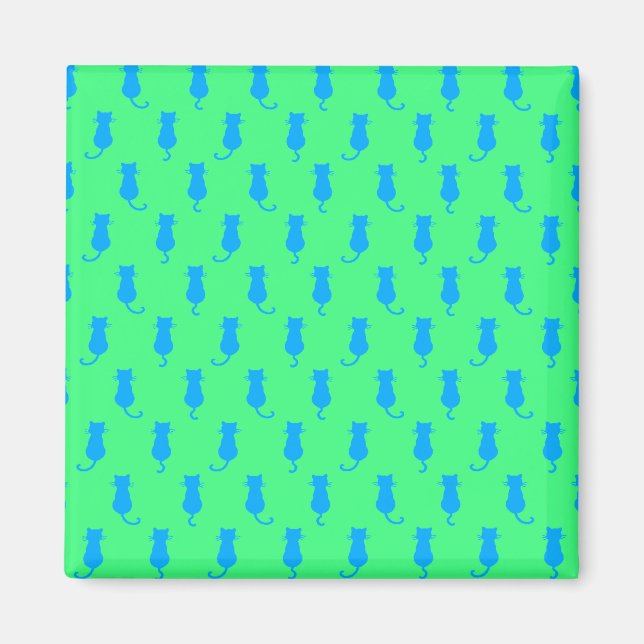 Feline Fun Forever Whimsical Blue Cats Lime Green Magnet (Front)