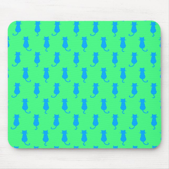 Feline Fun Forever Whimsical Blue Cats Lime Green Mouse Mat (Front)