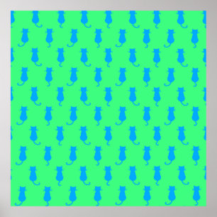 Feline Fun Forever Whimsical Blue Cats Lime Green Poster