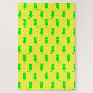 Feline Fun Forever Whimsical Green Cats Yellow Jigsaw Puzzle