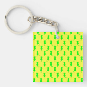 Feline Fun Forever Whimsical Green Cats Yellow Key Ring
