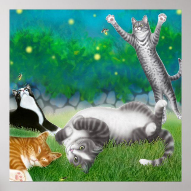 Feline Fun with Fireflies Poster (Front)