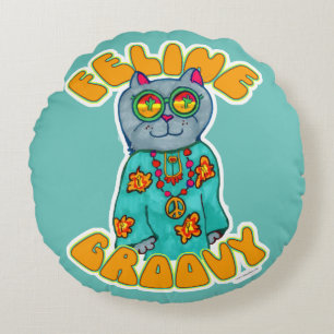 Feline Groovy Hippie Cat Marker Art Design Round Cushion