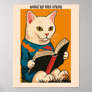 Feline Reading With A Book — Wake Up And Study!  Poster