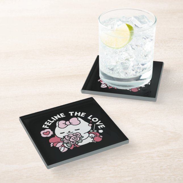 Feline the Love - Cute Valentine’s Cat Design Glass Coaster (Angled)