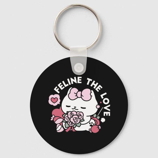 Feline the Love - Cute Valentine’s Cat Design Key Ring (Front)