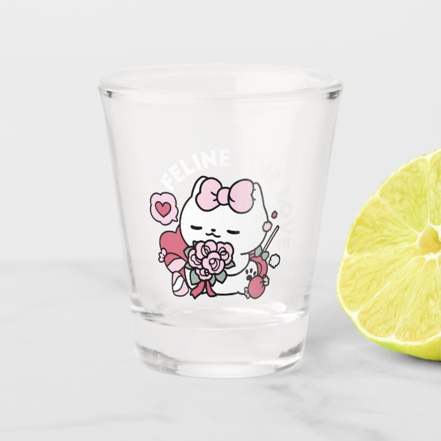 Feline the Love - Cute Valentine’s Cat Design Shot Glass (Front)