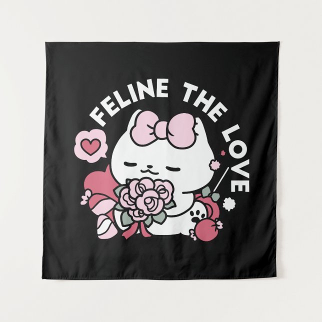 Feline the Love - Cute Valentine’s Cat Design Tapestry (Front)
