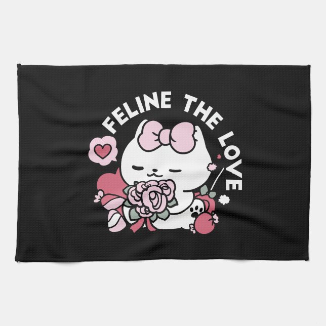 Feline the Love - Cute Valentine’s Cat Design Tea Towel (Horizontal)