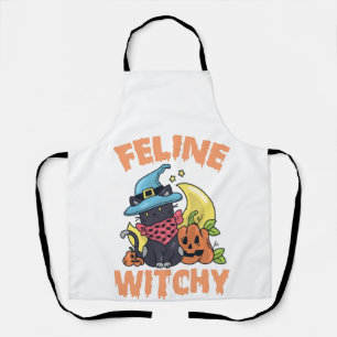 Feline Witchy Funny Spooky Halloween Cat Kitten Apron