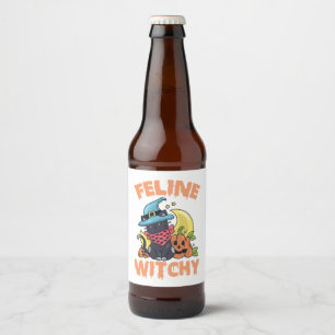 Feline Witchy Funny Spooky Halloween Cat Kitten Beer Bottle Label