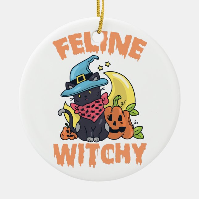 Feline Witchy Funny Spooky Halloween Cat Kitten Ceramic Tree Decoration (Front)