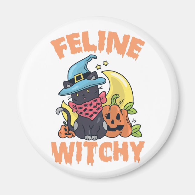 Feline Witchy Funny Spooky Halloween Cat Kitten Magnet (Front)