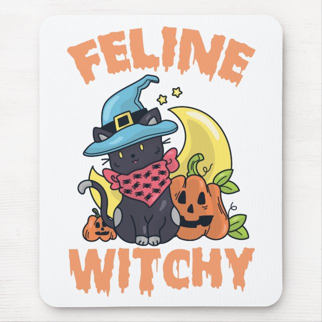 Feline Witchy Funny Spooky Halloween Cat Kitten Mouse Mat (Front)