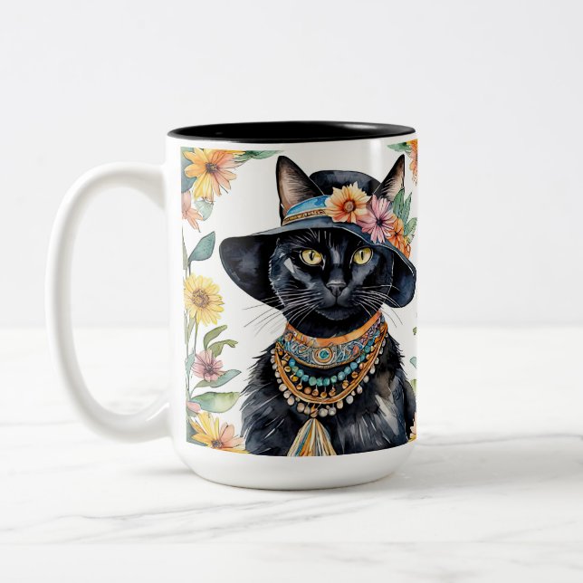  Feline with Flowers 15 oz  Two-Tone Coffee Mug (Left)