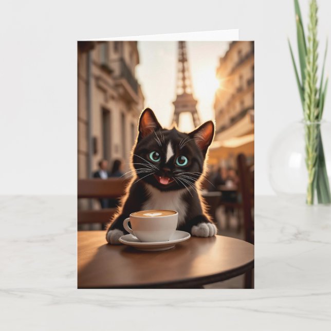 Felini Cat in Paris | Latte Heart & Eiffel Tower Invitation (Front)