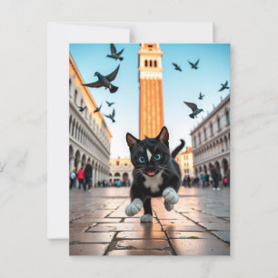 Felini vs. Pigeons: A Venetian Chase Postcard